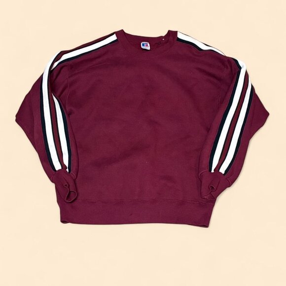 Vintage 2000s Y2K Burgundy White Stripes Russell Athletic Crewneck Sweatshirt L - Picture 1 of 3